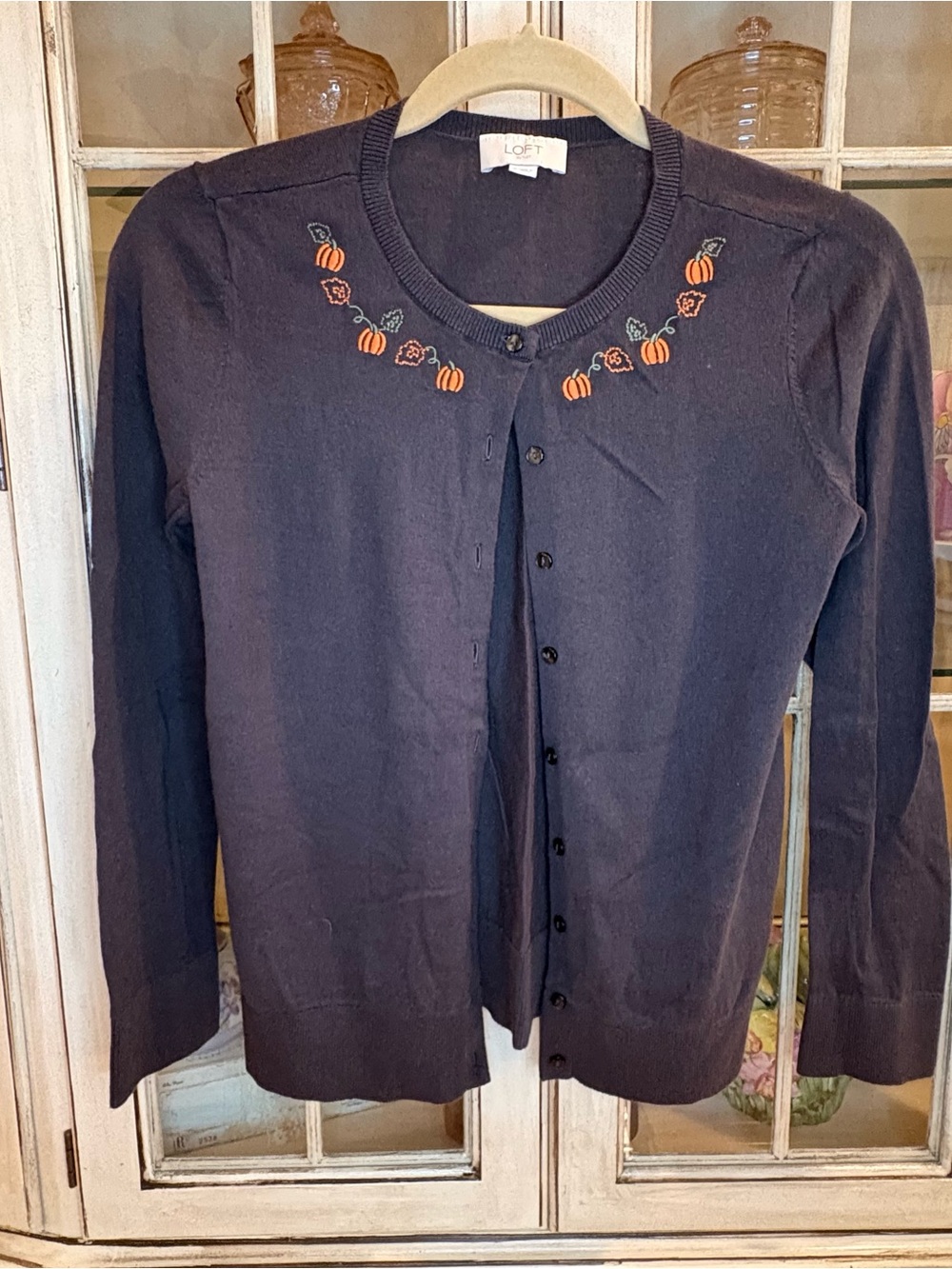 LOFT Dark Grayish Brown Cardigan with Orange Pumpkin Embroidery